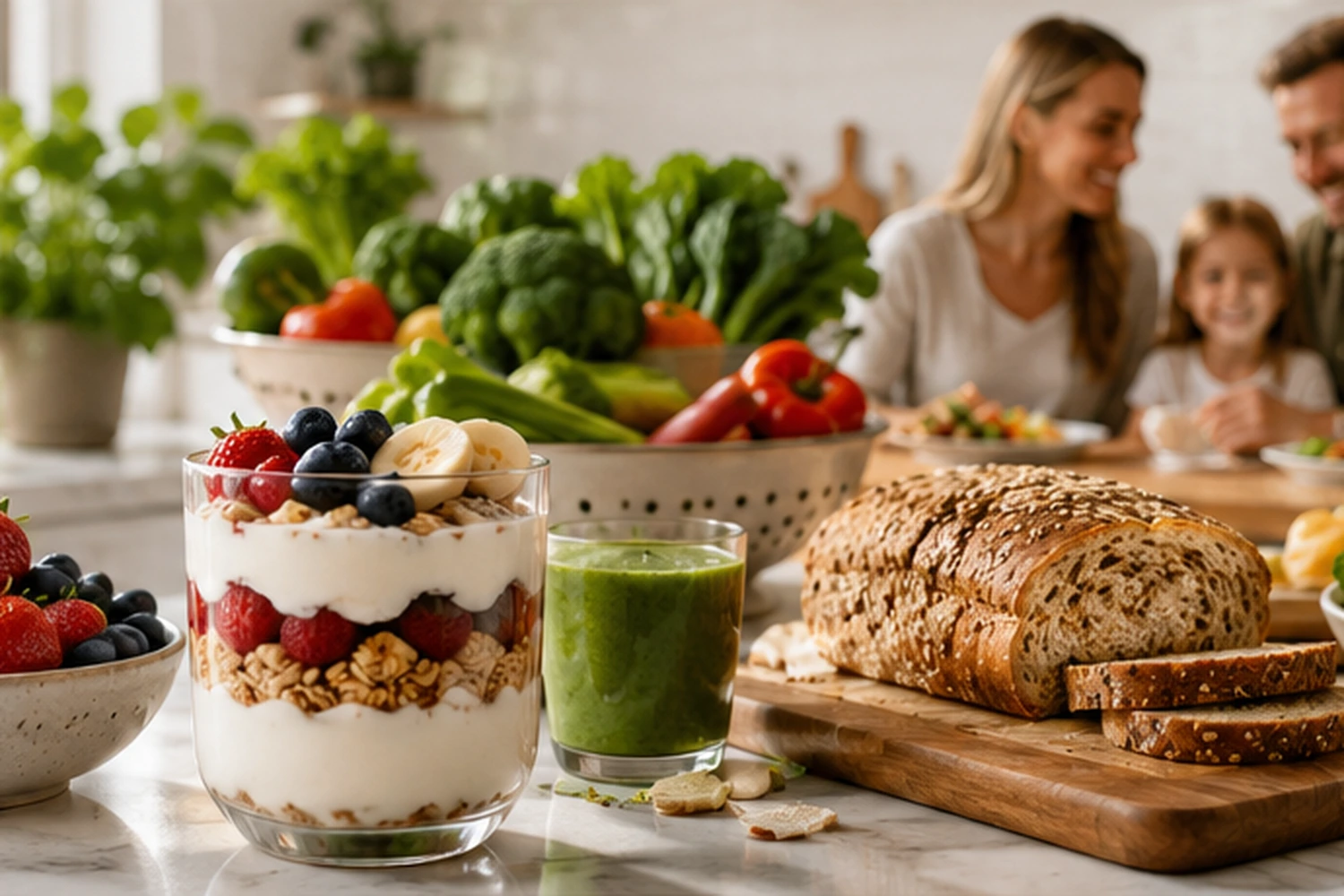 Professional family wellness scene with fresh produce, berries, whole grains and healthy foods